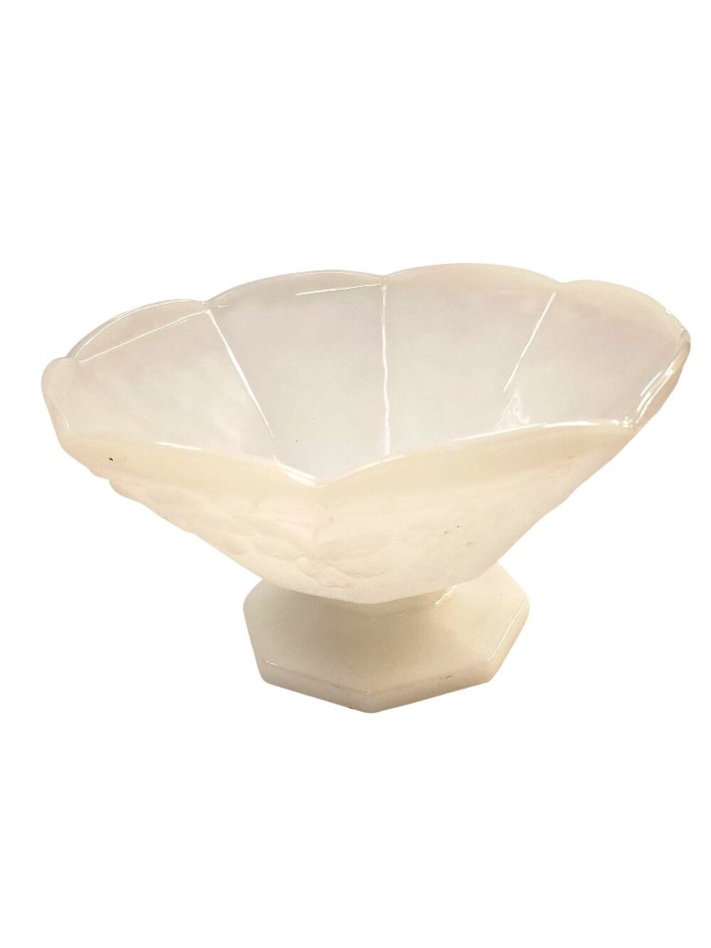 Vintage White Milk Glass Pedestal Bowl With Floral & Grape Embossed Design Scall